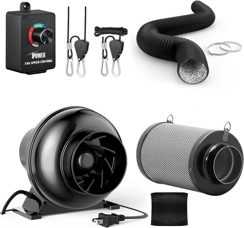 iPower - Ventilador en línea de 4 pulgadas, filtro de carbono de aire, conductos negros de 2.4 m, controlador de velocidad, gancho de cuerda para