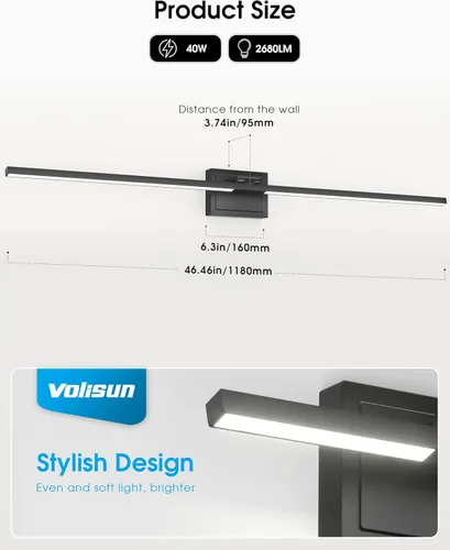 Miniatura 7 de VOLISUN Lámpara de tocador de baño de 48 pulgadas, 5CCT regulable, lámpara LED de baño de 40 W sobre el espejo, luces de tocador de barra negra