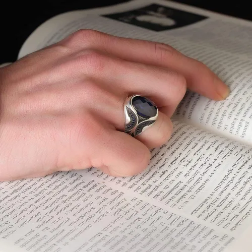 Miniatura 7 de Anillo de plata de ley 925 para hombre con piedra preciosa de zafiro, anillo de plata grabado hecho a mano, regalo para él, anillo de plata