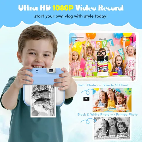Miniatura 5 de Cámara para niños con impresión instantánea: cámara digital con lente abatible, regalo de cumpleaños para niños y niñas, fotos de impresión Azul