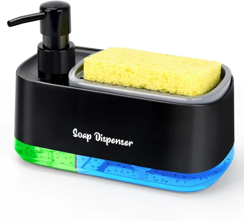Juego de dispensador de jabón para manos y platos para cocina, dispensador de jabón doble con soporte para esponja, dispensador de bomba de jabón 3