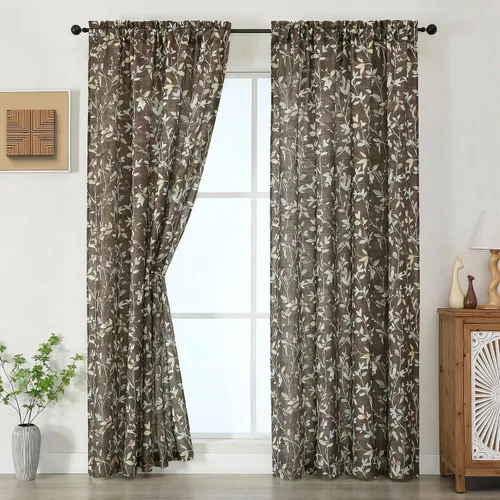Miniatura 28 de Chyhomenyc Cortinas de mezcla de lino de 63 pulgadas de largo, 2 paneles de cortina con estampado floral filtrante de luz para sala de estar