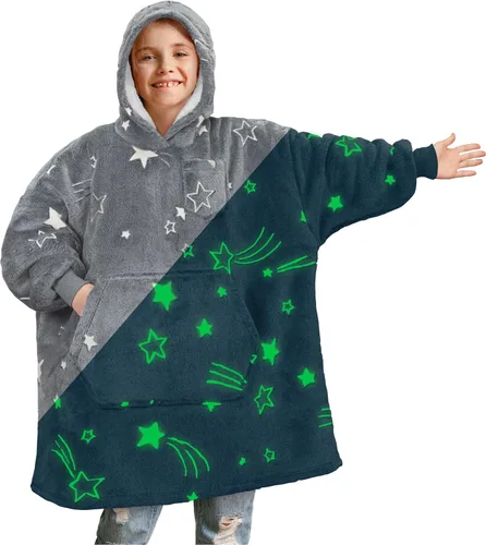 Miniatura 16 de PAVILIA Sudadera Manta Ponible para Niños y Niñas, Sudadera con Capucha Gigante Cálida y Acogedora, Forro Polar Sherpa con Capucha y Mangas de Gris