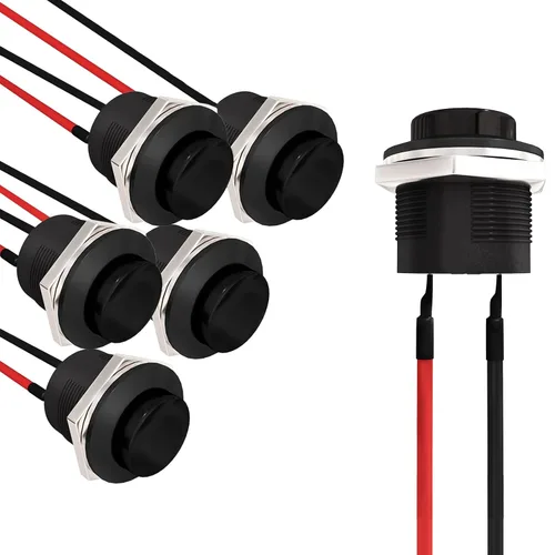 APIELE Interruptor de botón momentáneo R13-507 SPST 0.630 in Interruptor redondo 3A 250V/6A 125V AC 2 Pin NO con cable pre-soldado 6Pcs (negro)