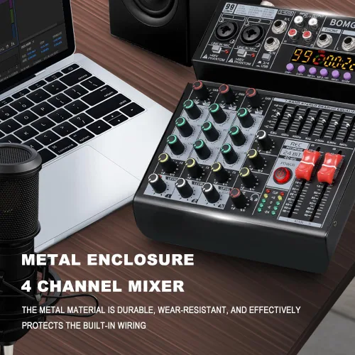 BOMGE Mezclador de audio 04A, consola de mezcla de tablero de sonido profesional con USB/Bluetooth/Computadora/Mezclador de DJ de entrada estéreo de