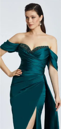 Miniatura 3 de Vestidos de fiesta con hombros descubiertos 2023 con cuentas de satén de sirena con abertura larga, vestidos de noche para mujer, vestidos de dama