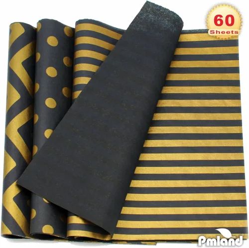 Miniatura 4 de PMLAND Papel de seda de alta calidad para envolver regalos, color negro metálico dorado con rayas zigzag, 20 x 14 pulgadas, 60 hojas