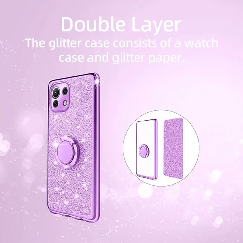 Miniatura 8 de Funda para Xiaomi Mi 11 Lite 4G/5G, cubierta protectora de TPU suave con cristal de purpurina con soporte de anillo 360, púrpura brillante Purpura