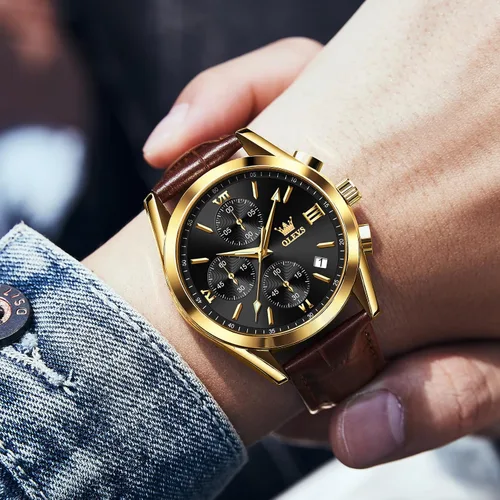 Miniatura 4 de OLEVS Reloj cronógrafo para hombre, reloj de pulsera analógico de cuarzo con correa de cuero para hombre (azulblanconegrodorado)