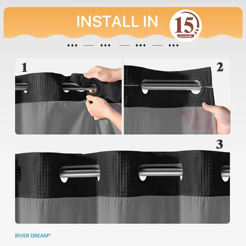 Miniatura 3 de Cortina de baño River Dream de gran peso sin ganchos necesarios con diseño de gofre punteado y forro a presión - 36W x 74H, de calidad hotelera