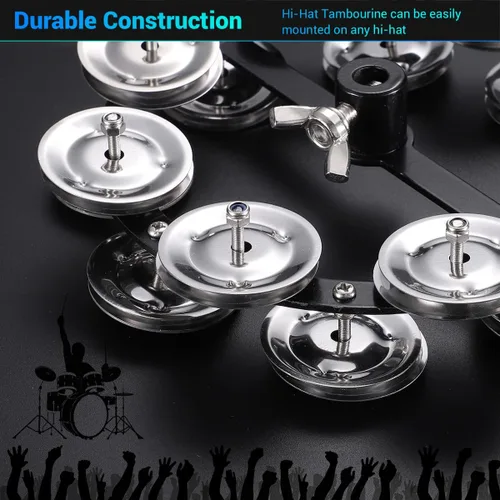 Miniatura 5 de Facmogu Pandereta de Platillos Hi-Hat Montable Negra de 5.5 Pulgadas con Cascabeles de Acero Inoxidable de Doble Fila, Juego de Platillos Hi-Hat