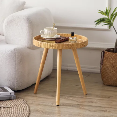 Miniatura 2 de Mesa auxiliar redonda, mesa auxiliar circular bohemia con patas de madera maciza, mesas auxiliares de ratán, sala de estar para espacios pequeños