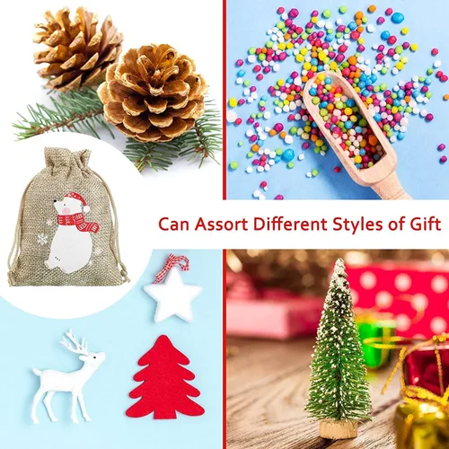 Miniatura 5 de Shappy 60 bolsas pequeñas de regalo de arpillera de Navidad para compañeros de trabajo, 8 estilos, mini bolsas de regalo de Navidad con cordón