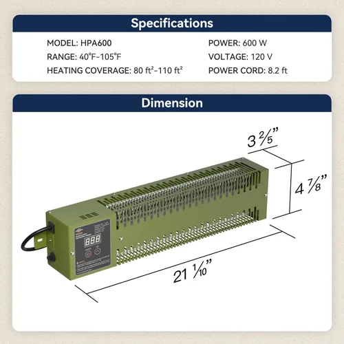 Miniatura 6 de Calentador utilitario con termostato integrado, bomba eléctrica de 600 W, calentador de casa de 120 V, calentador de convección multifunción HPA600