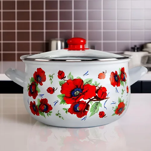 Miniatura 2 de Olla de aluminio esmaltado amapolas vientre cazuela profunda olla de cocina con tapa de vidrio Utensilios de cocina Olla de sopa (2.1 L)
