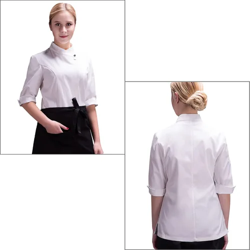 Miniatura 4 de Uniforme de chef clásico de manga 34 para mujer, chaqueta de chef de verano para hotel, cocina, restaurante