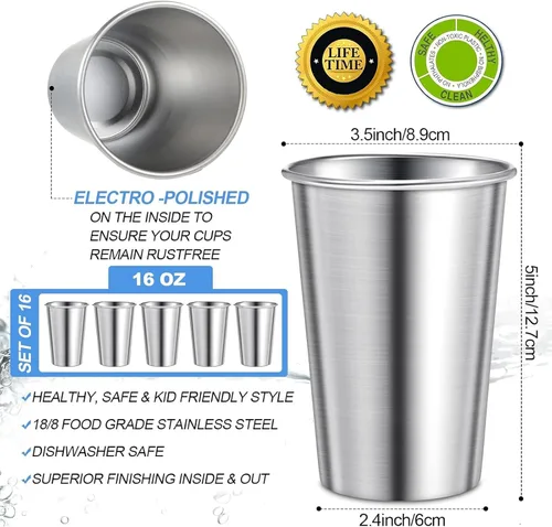 Miniatura 2 de Honeydak Paquete de 12 vasos de acero inoxidable de 16 onzas, vasos de metal apilables de acero inoxidable, vasos de pinta irrompibles para adultos