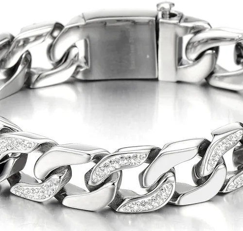 Miniatura 3 de COOLSTEELANDBEYOND Pulsera de cadena de acero inoxidable para hombre, altamente pulida con circonita cúbica