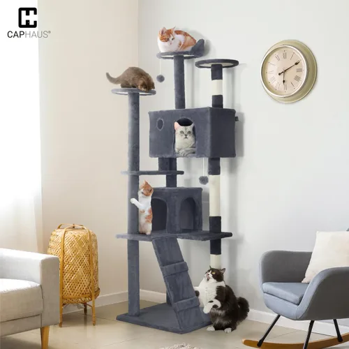 Miniatura 9 de CAPHAUS Torre para Gatos de Interior con Juguete de Varita para Gatos, Moderno y Lindo Árbol para Gatos de 74 Pulgadas con Percha Ampliada para Gris