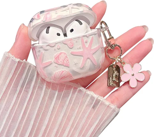 Miniatura 20 de MINSCOSE Compatible con AirPods Pro de 2ª/1ª generación, bonito diseño de patrón de conchas y estrellas de mar con llavero, funda protectora de TPU