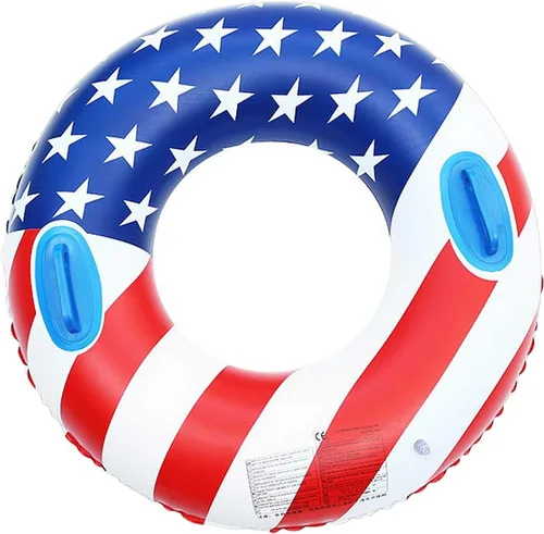 Anillo de natación inflable con asas de 35.4 pulgadas con bandera de EE. UU., flotador de piscina de PVC grueso, anillo flotante grueso de cloruro