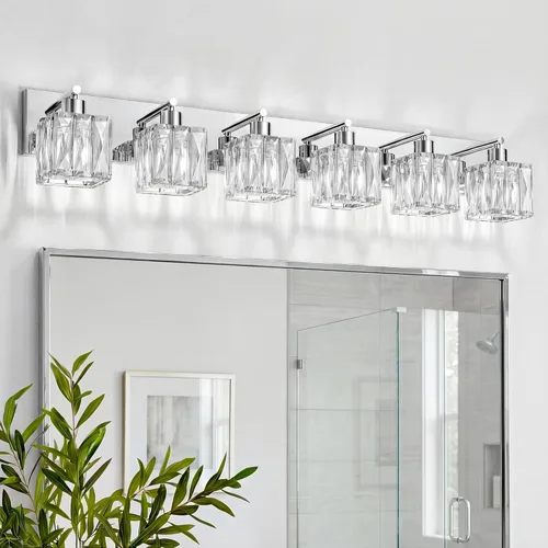Miniatura 14 de VOLISUN Luces de tocador de cristal – 4 luces modernas de acero inoxidable para baño sobre espejo, acabado cromado – Certificado UL