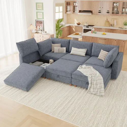 Miniatura 24 de 95.5" Sofá seccional modular de chenilla con almacenamiento oculto, sofá cama convertible en forma de L y U, sofá seccional moderno de 6 plazas