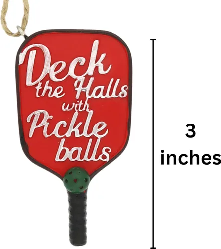 Miniatura 4 de Needzo Adorno de Navidad de pickleball de resina, cubre los pasillos con bolas de pepinillo, paleta roja, accesorios para árbol colgante, 3 pulgadas