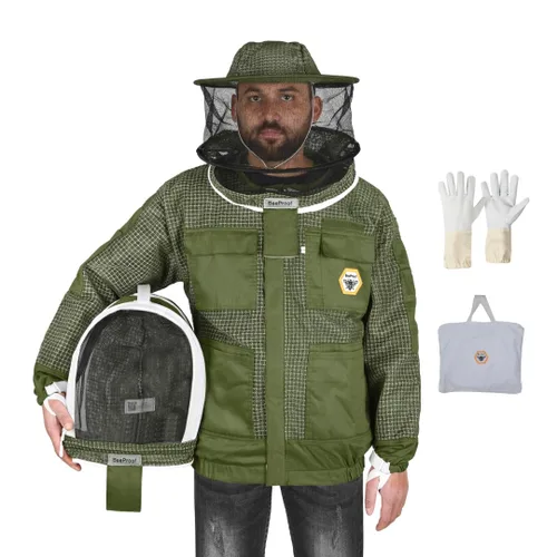 Miniatura 12 de BP-302 Apicultura con velo de 3 capas ultra ventilado con cremalleras YKK y cercas de seguridad para velo redondo marrón profesional (3XL)