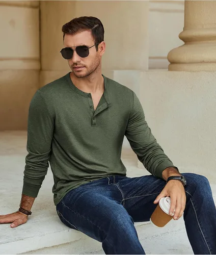 Miniatura 3 de COOFANDY Camiseta Henley de Manga Larga para Hombre Camisas Pullover Casuales Ligeras Camisetas Básicas Suaves Elásticas Tops de Otoño