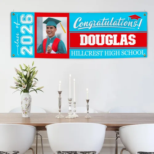 Miniatura 8 de Cartel de graduación 2026 personalizado – Tus propios colores escolares, mensaje – 17 opciones de color 3 tamaños, vinilo de 13 onzas – Bandera