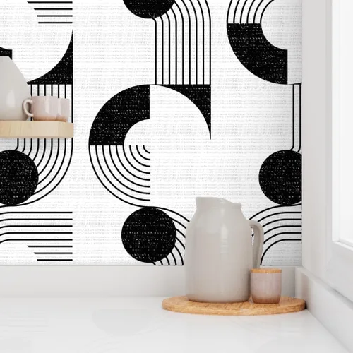 Miniatura 8 de Spoonflower Muestras de papel tapiz para despegar y pegar, cuenco de fideos Bauhaus, escala media, círculos blancos y negros, diseño geométrico