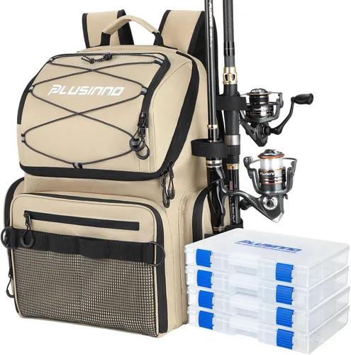 PLUSINNO - Mochila de pesca con portacañas y enfriador de 45L, mochila grande resistente al agua para aparejos de pesca, ideal para guardar equipo