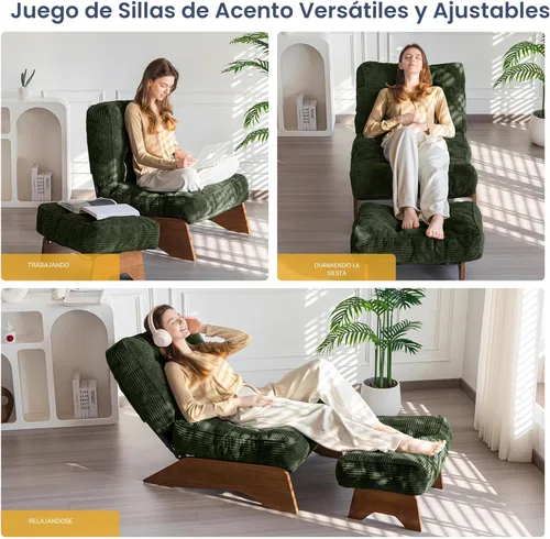 Miniatura 3 de MAXYOYO - Sillón decorativo con otomana y respaldo ajustable, silla capitoné para sala, reposera con reposapiés, silla moderna y acogedora Verde
