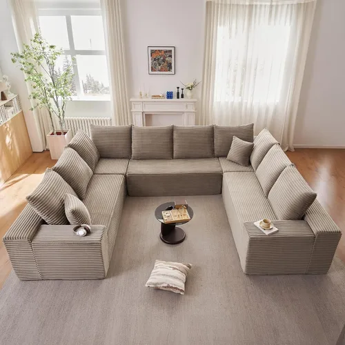 Miniatura 82 de Sofá modular de 95 pulgadas con otomana, moderno sofá nube de pana con asiento profundo, sofá sin hueso tapizado de 3 plazas en forma de U para sala