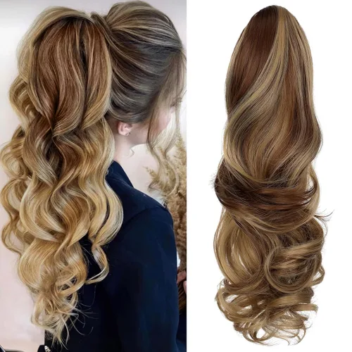 Miniatura 26 de Felendy Extensión de cola de caballo de 18 pulgadas, mezcla de rubio ceniza, marrón oscuro, rizado, ondulado, con clip, extensiones de cabello largo