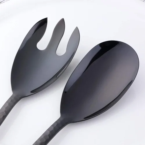 Miniatura 3 de Juego de cuchara y tenedor de ensalada, 12 pulgadas, acero inoxidable, utensilios de servir negros, aptos para lavavajillas, paquete de 2