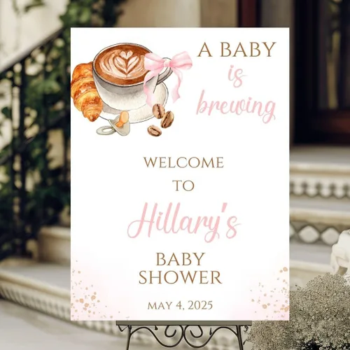 Baby is Brewing - Letrero de bienvenida para baby shower, grano de café, lazo rosa Baby Shower #9