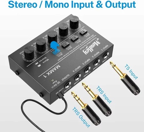 Miniatura 2 de Moukey Mini Mezclador de Audio, DC 5V, 4 Estéreo Ultra, Mezclador de Línea de 4 Canales de Bajo Ruido para Sub-Mezcla, para Pequeños Clubes o Bares