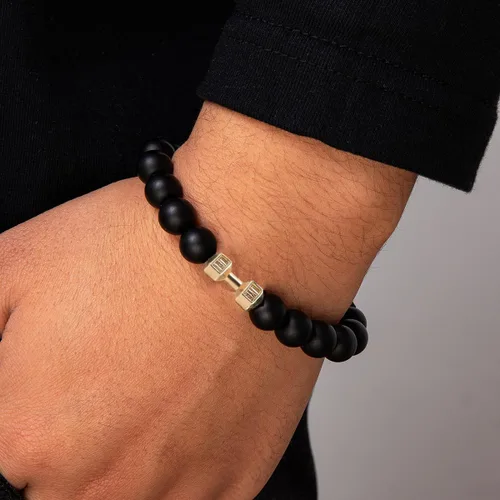 Pulsera de mancuernas negra hecha a mano, para gimnasio, hermanos, fitness, piedra volcánica, piedra de lava volcánica, ajustable, pulsera de