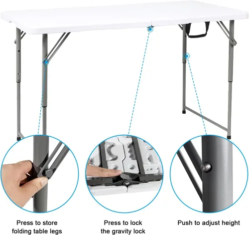 Miniatura 5 de Mesa plegable de plástico resistente de 48 pulgadas de ancho x 24 pulgadas de profundidad x 29.5 pulgadas de alto, altura ajustable, de 4 pies, mesa