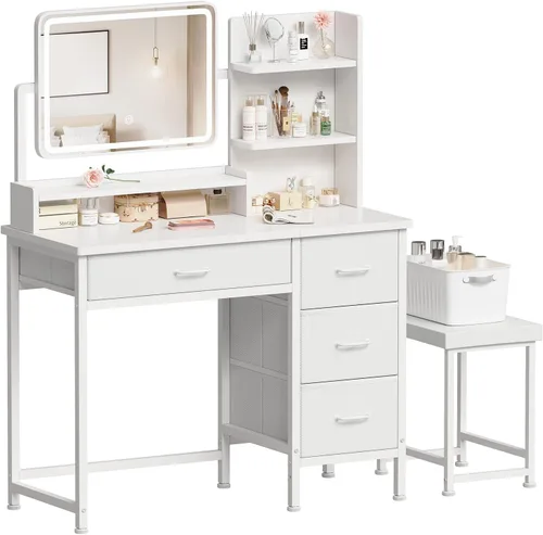 Miniatura 11 de YeTom Escritorio de maquillaje con espejo y luces, tocador pequeño con cajón de almacenamiento de tela, estantes y mesa auxiliar, tocador de Negro