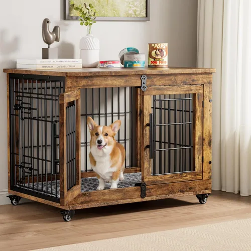 Miniatura 11 de Lulive Muebles de Jaula Grande para Perros, Mesa Auxiliar de Jaula para Perros de Madera de 38'', Perrera para Perros de Doble Puerta