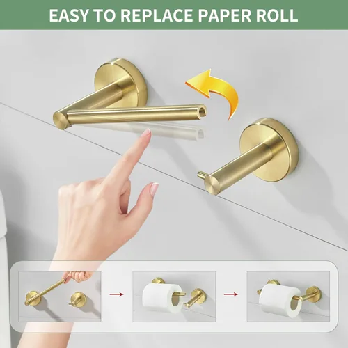 Miniatura 2 de BATHSIR Soporte de papel higiénico dorado cepillado y soporte para toallas de mano, 2 piezas, doble poste pivotante, redondo, moderno, accesorio