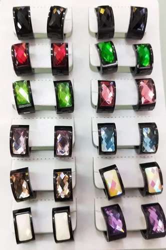 Miniatura 3 de Aretes de aro de acero inoxidable con cristal multicolor negro para hombres y mujeres Azul Oscuro