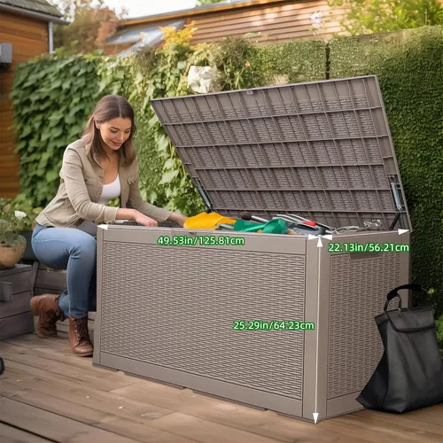 Miniatura 2 de Caja de cubierta para exteriores de 120 galones, cajas de almacenamiento impermeables con cerradura para herramientas de jardín, cojines de Gris