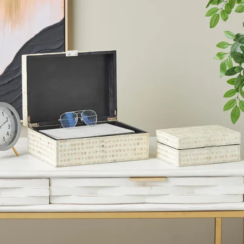Miniatura 2 de Deco 79 Caja decorativa geométrica hecha a mano con concha de madreperla, mosaico de puntos, caja de almacenamiento para recuerdos, con acentos Crema