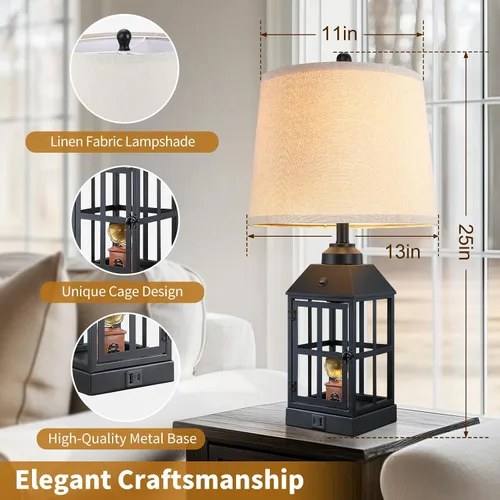 Miniatura 5 de Lámparas de mesa estilo granja de 25" para sala de estar, juego de 2 lámparas negras con puerto USB y luz nocturna, lámpara de mesa rústica