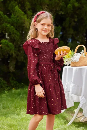 Miniatura 4 de GRACE KARIN Vestido de otoño para niñas, de manga larga, con volantes, escalonado, brillante, vestido de fiesta de invierno para niñas, talla 5-12