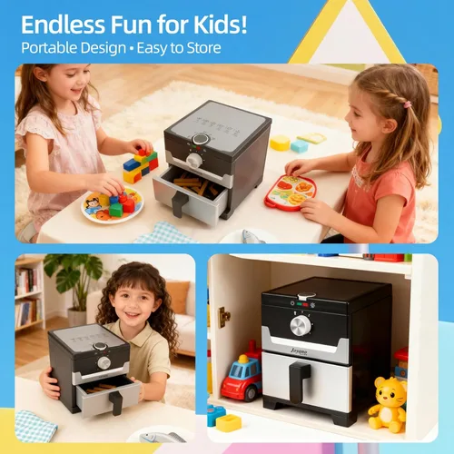 Miniatura 7 de Freidora de aire de madera, 15 piezas, juego de olla a presión de 18 piezas para niños, juguete de cocina con accesorios de alimentos, utensilios
